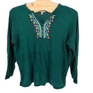 Woman Within Henley Top 2X Green Embroidered Waffle Knit Long Sleeve Thermal